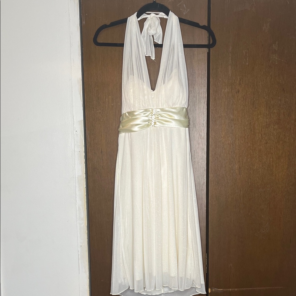 Elegant White Halter Dress with Gold Accents
